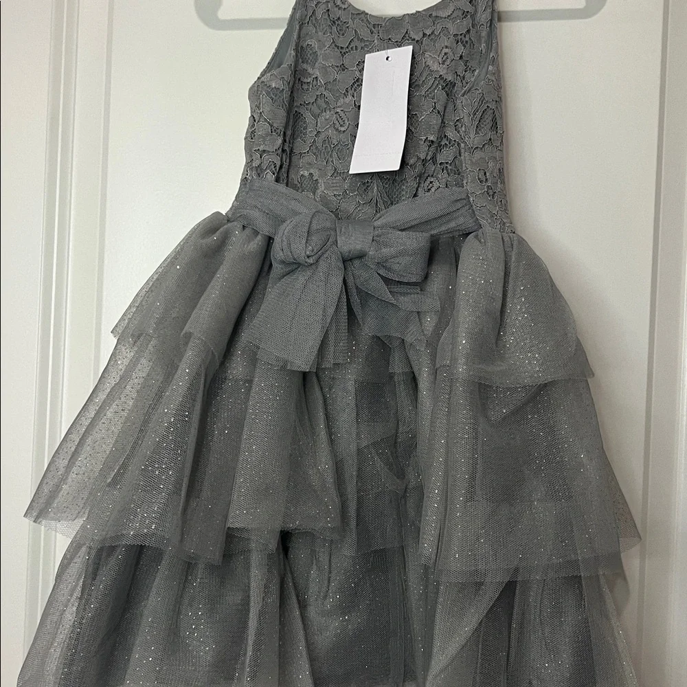 PINK & VIOLET gray dress with lace top and tiered tulle bottom with shimmer gold